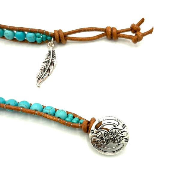 HAND CRAFTED Wrap Bracelet with Turquoise Howlite and Feather Charm - Picture 4 of 8